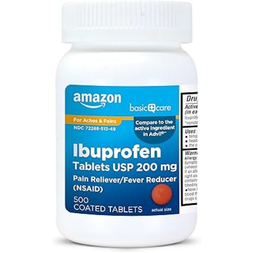 Amazon Basic Care Ibuprofen Tablets 200 mg, Pain Reliever/Fever Reducer, Body Aches, Headache, Arthritis Pain Relief and More, 500 Count (Packaging may vary)