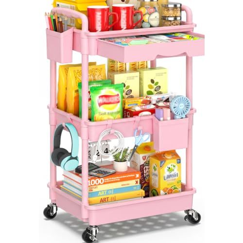 SUNALLY 3 Tier Rolling Cart with Drawer, Craft Storage Cart Organizer, Pink | Bathroom Storage Organizer with 2 Lockable Wheels, Rolling Utility Cart for Kitchen, Office, Baby, Makeup, Nail,Snack,Laundry