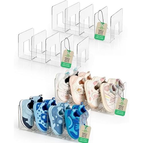 HAYVAN Kids Shoe Rack & Organizer, 4 Pack Clear Acrylic Baby Toddler Shoe Shelf, Stackable Closet Storage & Multi-Use Desk File Sorter Book Purse Organizer