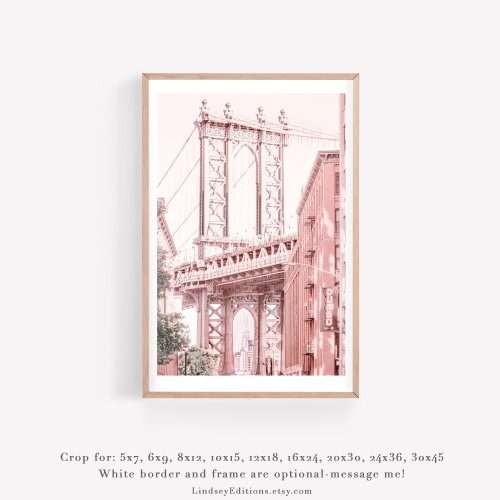 Brooklyn blush pink wall art - New York City photography print - Manhattan Bridge art print - College room decor - Blush wall decor