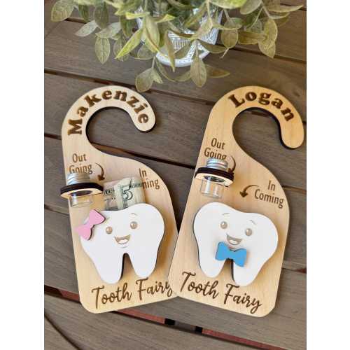 Personalized Tooth Fairy Door Hanger, Custom Name Tooth Holder with Jar and Money Slot,  Kids Tooth Fairy Gift for Boys and Girls