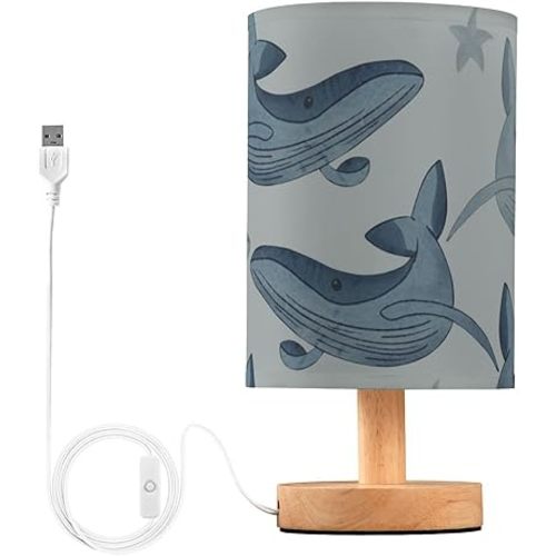 Starfish Gray Whale Table Lamp Bedside Lamps with USB Port,Wood Base Round Flaxen Fabric Shade for Bedroom