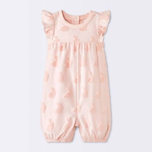 Baby Girls' Bunny Graphic Textured Knit Ruffle Tank Romper - Cloud Island™ Pink 3-6M