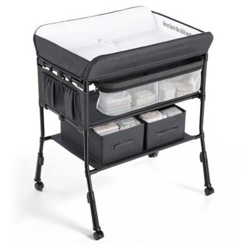 Kinder King Portable Baby Changing Table with Wheels, 4-Level Adjustable Height, Foldable Diaper Station with Storage, Dark Gray