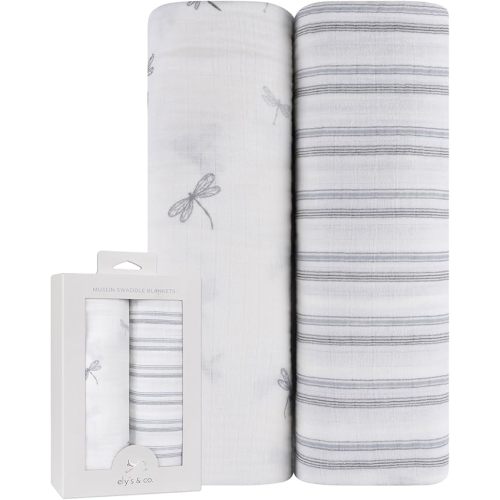 Ely's & Co. Muslin Swaddle Blankets 2-Pack for Baby Boy, 100% Cotton Muslin Extra Large Swaddle Receiving Blankets, 47”x47” (Blue Dragonflies + Stripes)