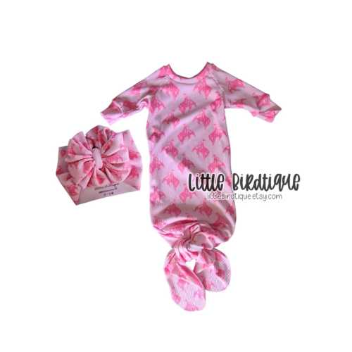 Bucking Horse Pink Western Newborn Baby Girl Knotted Gown Bow on Nylon Bow Headwrap Top Knot Messy Wrap Rose Knot Knotted Hat