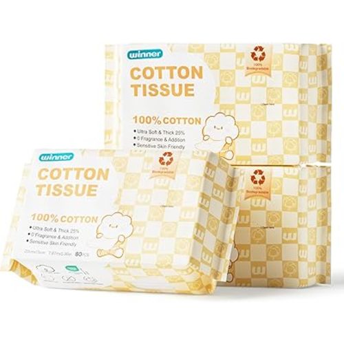 Winner 100% Cotton Dry Wipes, USDA Certified Baby Wipes, 33% Thicker & Ultra Soft, Hypoallergenic & Unscented for Baby Sensitive Skin, Wet/Dry for Diaper Changes, Meals & Cleanup, Pack of 3, 240 pcs