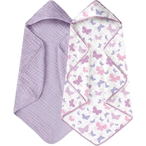 Yoofoss Hooded Baby Towels for Newborn 2 Pack 100% Muslin Organic Cotton Baby Bath Towel with Hood for Babies, Infant, Toddler and Kids, 32x32Inch, Soft and Absorbent Newborn Essential, Butterfly