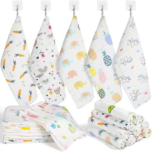 10 Pack Muslin Baby Burp Cloth Soft Washcloths 20'' x 10'' 6 Layer Soft Absorbent Newborn Rags Towel for Baby Shower Boys Girls Machine Washable for Sensitive Skin(Floral Pattern)