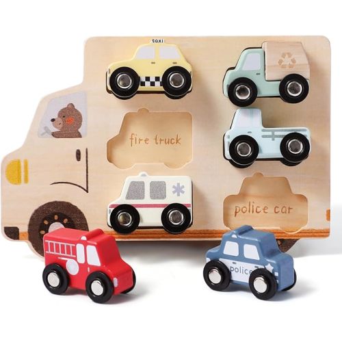 Wooden Cars Vehicle Set for Toddlers 1-3 Cars Toy for Toddlers Montessori Toys for 1+ Year Old Educational 1st Birthday Gifts