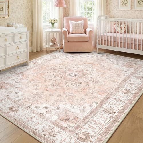 8x10 Washable Nursery Girls Low Pile Area Rug Pink | Non-Slip Soft Rugs for Bedroom Kids Playroom Living Room, Print Pattern Water Repellent Carpet Indoor Decor
