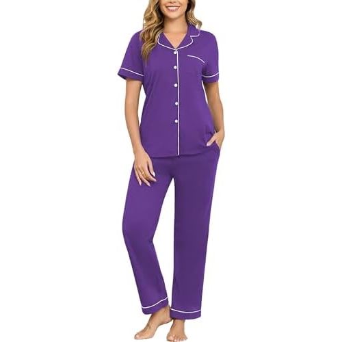 Veseacky 100% Cotton Pajamas for Women Set Short Sleeve Button Down Sleepwear Soft 2 Piece Summer Pjs Lounge Sets S-XXL