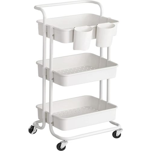 SONGMICS Rolling Cart, 3-Tier Storage Cart, Storage Trolley with Handle 2 Small Organizers, Steel Frame, Plastic Baskets, Utility Cart, Easy Assembly, for Bathroom Laundry Room, White UBSC067W01