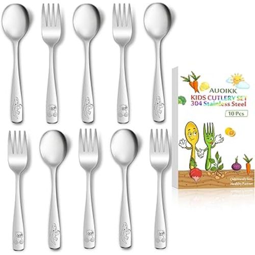 AUOIKK 10-Piece Toddler Flatware, Kids Utensils Stainless Steel Cutlery Set, Children Safe Spoons and Forks with Ergonomic Handle, Easy to use and Dishwasher Safe (Crocodile and Bear)