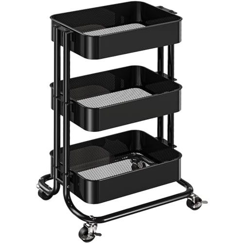 Pipishell 3 Tier Metal Rolling Utility Cart, Heavy-Duty Storage Rolling Cart with 2 Lockable Wheels, Multifunctional Mesh Organization Utility Cart for Kitchen Dining Room Living Room (Black)