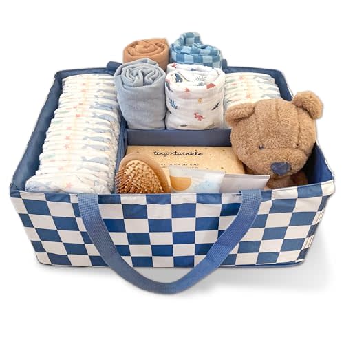 Tiny Twinkle Diaper Caddy Organizer | Foldable Baby Storage Basket with Removable Divider | Waterproof & Mess-Proof Fabric, Portable Nursery Organizer for Newborn Essentials (Blue Checkers)