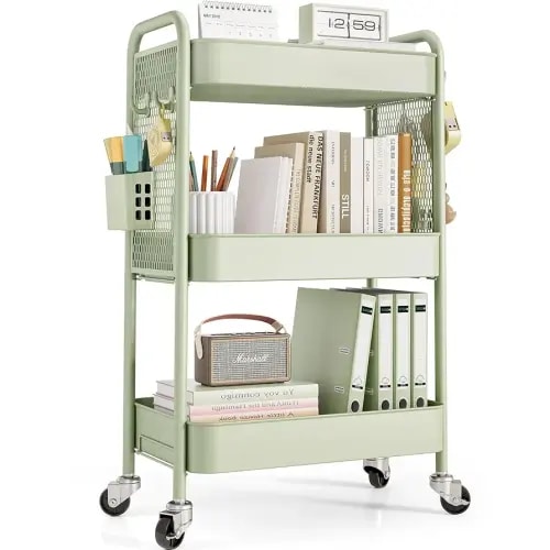 TOOLF 3 Tier Rolling Cart Storage Organizer, Metal Rolling Utility Cart with Wheels, Hooks & Bins Esthetician Craft Art Sturdy Storage with Pegboard for Bathroom, Kitchen, Office, Nursery Diaper