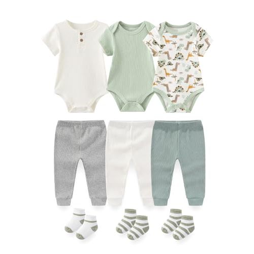 Baby Layette Gift Set 9-Piece Baby Bodysuits and Pant Socks Set Infant Boy Girl Clothes Outfits