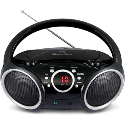 SINGING WOOD SBX030C Portable CD Player Boombox with AM/FM Stereo Radio, Aux Line-in, Headphone Jack, Top-Loading Disc Player, AC or Battery Powered, Foldable Handle (Black with Grey Rims)