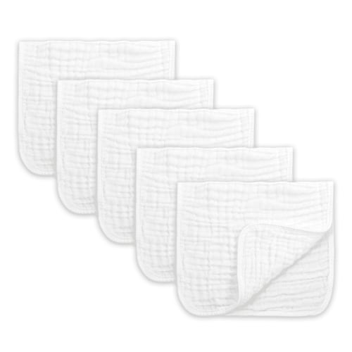 Muslin Baby Burp Cloths 5 Pack  Cotton Burping Rags for Newborn Ultra Soft and Absorbent  for Boys and Girls Baby Registry Gift 20'' X 10'' White