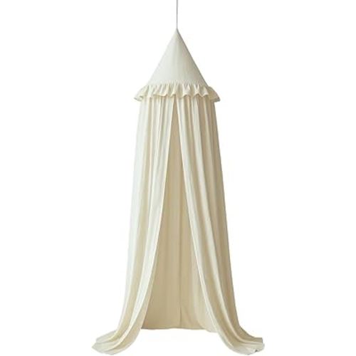 Wonder Space Kids Bed Canopy with Ruffles, Pastel Neutral Color for Boys & Girls, Frilled Cotton Tent Nursery Room Baby Crib Hanging Curtain Mosquito Netting Children Reading Nook Decoration (Ivory)