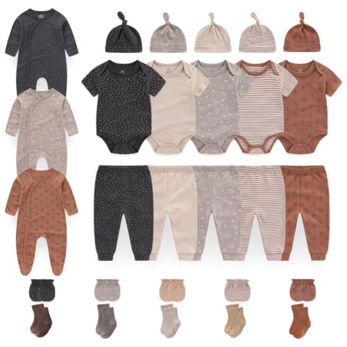 Unisex Baby Clothes 28Pcs Cotton Layette Gift Set and Accessories | Newborn Essentials Must Haves, Baby Boy Girl Outfits 0-12Months