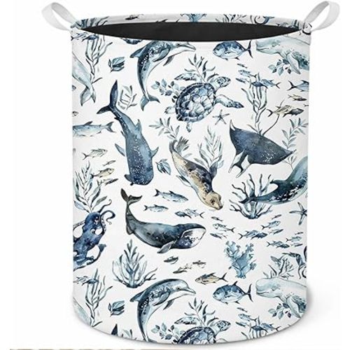 Coastal Beach Nursery Laundry Basket, Ocean Animal Marine Biology Botanical Laundry Hamper Waterproof Collapsible Clothes Toys Storage Basket for Kids Room Playroom Bathroom