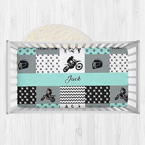 Personalized Motocross Fitted Crib Sheets with Name, Custom Dirt Bike Baby Crib Mattress Sheets for Boys and Girls, Baby Bedding Sets, Mini Name Crib Sheets for Standard Crib and Toddler Mattresses