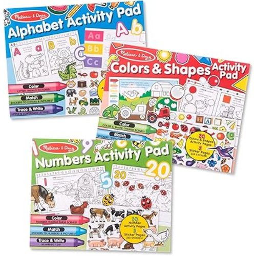 Melissa & Doug Activity Pad Bundle - Alphabet, Colors & Shapes & Numbers Sticker and Coloing Activity Books for Girls and Boys, Great Travel Toy