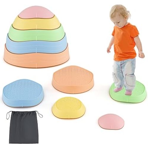 HONEY JOY 5 Pcs Stepping Stones for Kids, Non-Slip Sensory Balance Blocks w/Storage Bag, Obstacle Courses for Coordination, Motor Skills, Indoor Outdoor Stackable Toys, for Toddlers Aged 3+