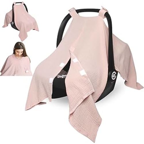 Muslin Car Seat Cover for Babies, Multi-use Nursing Cover, Breathable Infant Car Seat Canopy for Newborn (Pink)