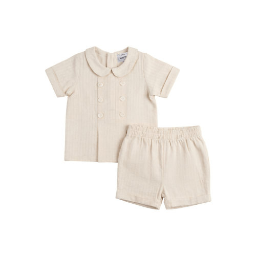 Boy Double Breasted Linen Short Sleeve Top & Elastic Waist Shorts Set