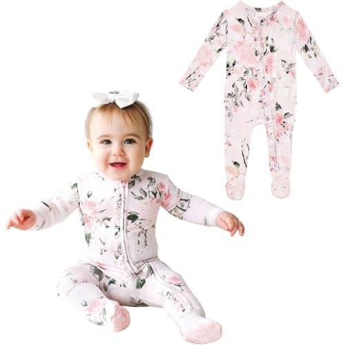 Posh Peanut Footie Pajamas for Baby Girls, Soft Viscose from Bamboo | Ruffle Details, 2-Way Zipper for Easy Changes, Footed Grips, Soft and Stretchy Fabric, Snug Fit