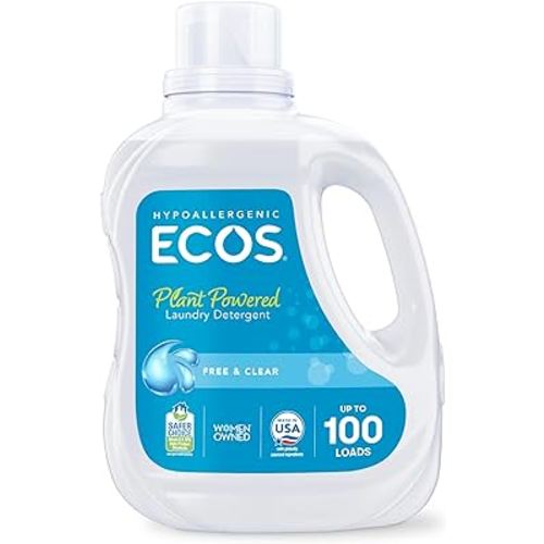ECOS Laundry Detergent Liquid, 100 Loads - Dermatologist Tested Laundry Soap - Hypoallergenic, EPA Safer Choice Certified, Plant-Powered - Free & Clear, 100 Fl Oz