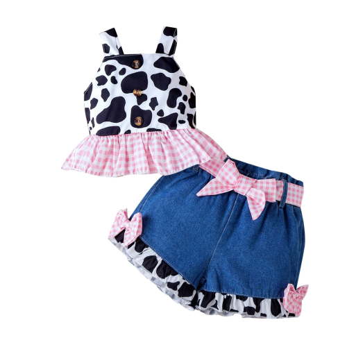 Gerichy Toddler Girl Denim Western Outfit Baby Cowgirl Clothes Ruffle Cow Print Shirt Button Down Tops Belted Jeans Shorts Toddler Girl Denim Western Outfit Baby Clothes