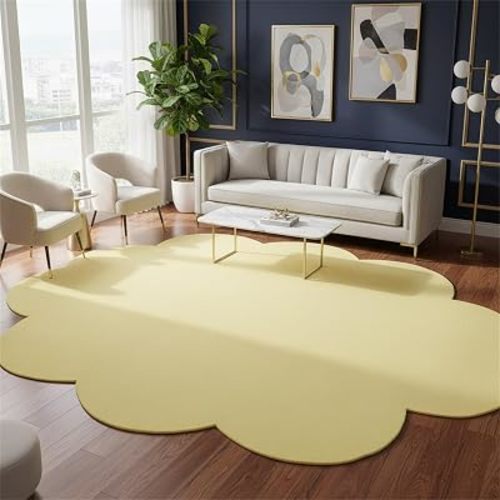Solid Color Scalloped Oval Area Rug 4x6 Modern Minimalist Living Room Rugs Yellow Cloud Irregular Shaped Indoor Carpet for Bedroom Dining Room Nursery Washable Soft Low Pile Non Slip Floor Mats