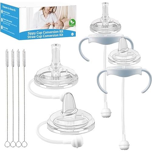 Sippy Cup Conversion Kit for Philips Avent Natural Baby Bottles,Toddler Transition Kit with 4 Soft Straw Nipple,2 Pack Bottle Handles and 4 Pack Weighted Straw, 4Pack Cleaning Brush (Model 2)