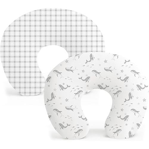 Konssy 2 Pack Nursing Pillow Covers, Stretchy and Soft Nursing Cover for Breastfeeding Pillows, Pillow Slipcover for Baby Girls Boys Newborn (Starry Whales,Cozy Grid)