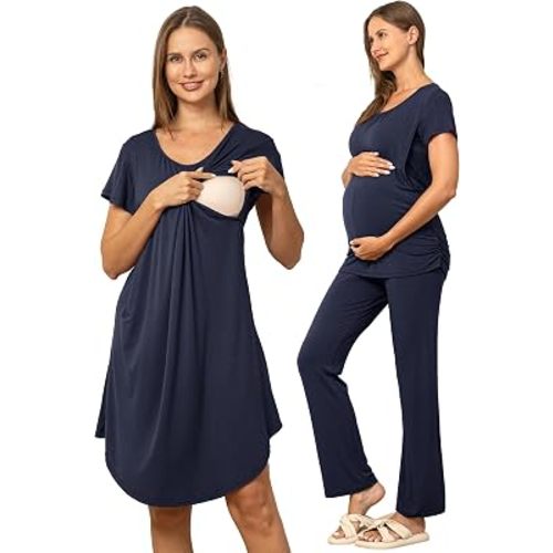 SUNNYBUY 3 PCS Maternity Nursing Sleepwear Set with Nightgown, Top & Pants | 3 PCS Gown & PJS Set, Nursing Dress, Breastfeeding Shirt, Adjustable Pants, Pregnancy to Postpartum