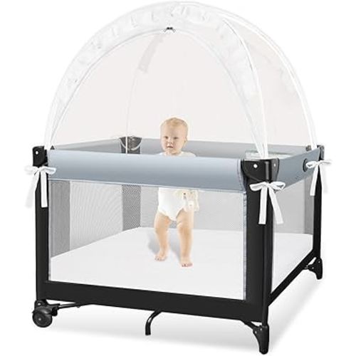 Pack N Play Tent - Mini Crib Tent to Keep Baby from Climbing Out - Crib Net to Keep Baby in - Pop Up Breathable Cribs Cover - Canopy with Upgrade Strong Mesh and Durable Zipper (White, Small)