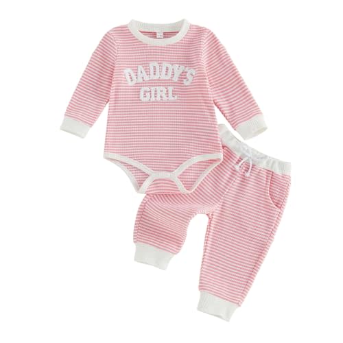 Daddy Girl Baby Clothes Newborn Fall Outfit | Long Sleeve Crew Neck Letter Embroidery Striped Print Romper and Pants 2 Piece Set, Coming Home Wear/Shower Present