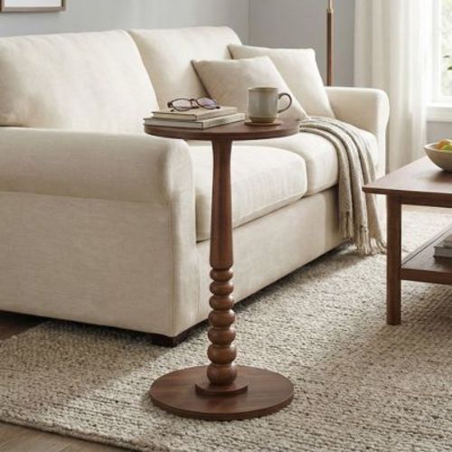 LEDREM Round End Table with Solid Wood Legs, Small Space Nightstand, Mid-Century Modern for Living Room, Dark Brown