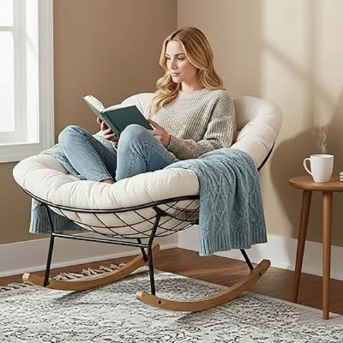 Cotton Rocking Chair Nursery Saucer Glider Rocker Papasan Upholstered Accent Armchair Comfy Nursery Rocking Chairs for Living Room Bedroom (Ivory)