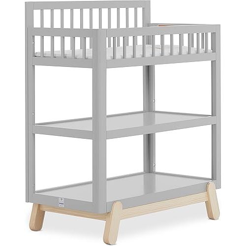 Dream On Me Hygge Baby Nusery Changing Table, Elevated Safety Rails, Water-Resistant Changing Pad & Safety Belt, Spacious Storage Shelves, GREENGUARD Gold & JPMA Certified – Pebble Grey Oak