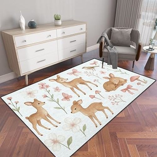 Woodland Baby Deer Forest Animal Watercolor Wreath for Nursery Pink Area Rug Outdoor Patio Rug Play Mat Modern Floor Carpet Non-Slip Home Decor Living Room Kids Bedroom Nursery, 3x5 ft
