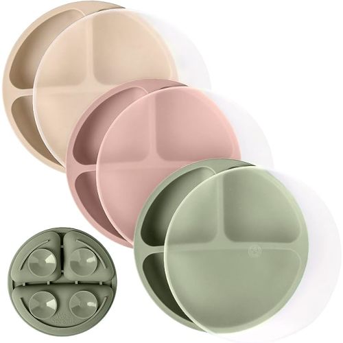 WeeSprout Suction Plates with Lids for Babies & Toddlers - 100% Silicone, Dinnerware Stays Put, Divided Design for Picky Eaters, Microwave & Dishwasher Friendly, 3 Pack - Matte Green, Pink & Off White - With Lids