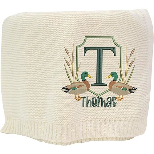 Mallard Ducks Crest Embroidered Knit Blanket, Custom Baby Name Blanket for Boy, Personalized Outdoor-Themed Nursery Keepsake Gift