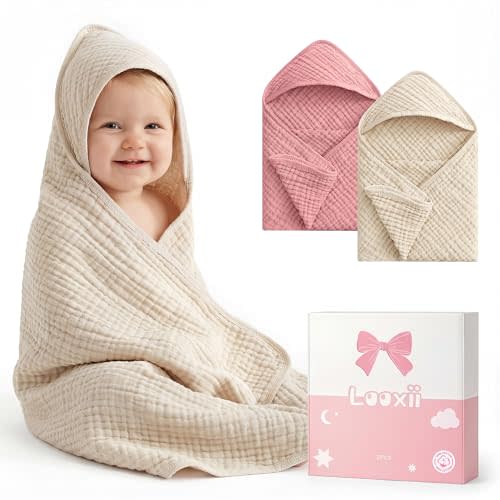 Looxii Baby Bath Towels 2 Pack Muslin Hooded Baby Towels for Newborn and Infants, 100% Cotton, Large 32x32Inch, Soft and Absorbent Beige+Pink