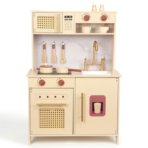 Wooden Play Kitchen for Kids 3 Years Old, Chef Pretend Play Set | Realistic Clicking Sounds, Gold Faucet, Coffee Maker, 10Pcs Cooking Accessories, Birthday Gift for Boys Girls