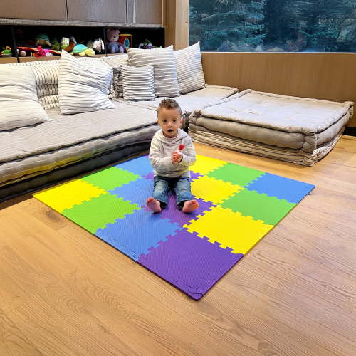 MioTetto Non-Toxic Foam Play Mat for Babies & Kids, Interlocking Puzzle Tiles, Purple-Canary-Emerald-Indigo, 18 Pieces – Perfect for Tummy Time, Crawling, Nursery, Playroom, or Gym